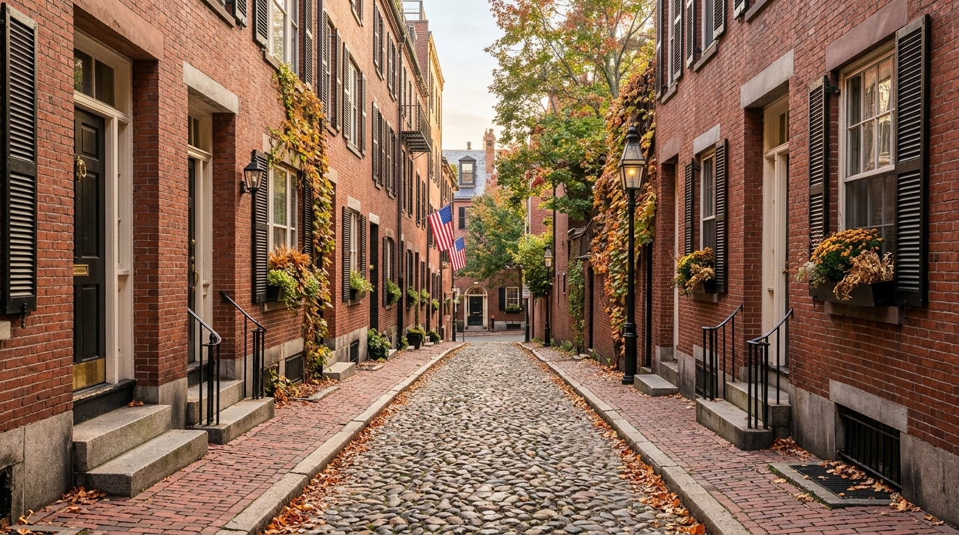 Editorial illustration of a cobblestone lane, brick homes and gas lamps in Beacon Hill