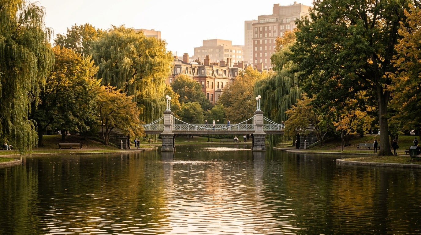 Editorial illustration of the Boston Public Garden lagoon, footbridge and autumn trees