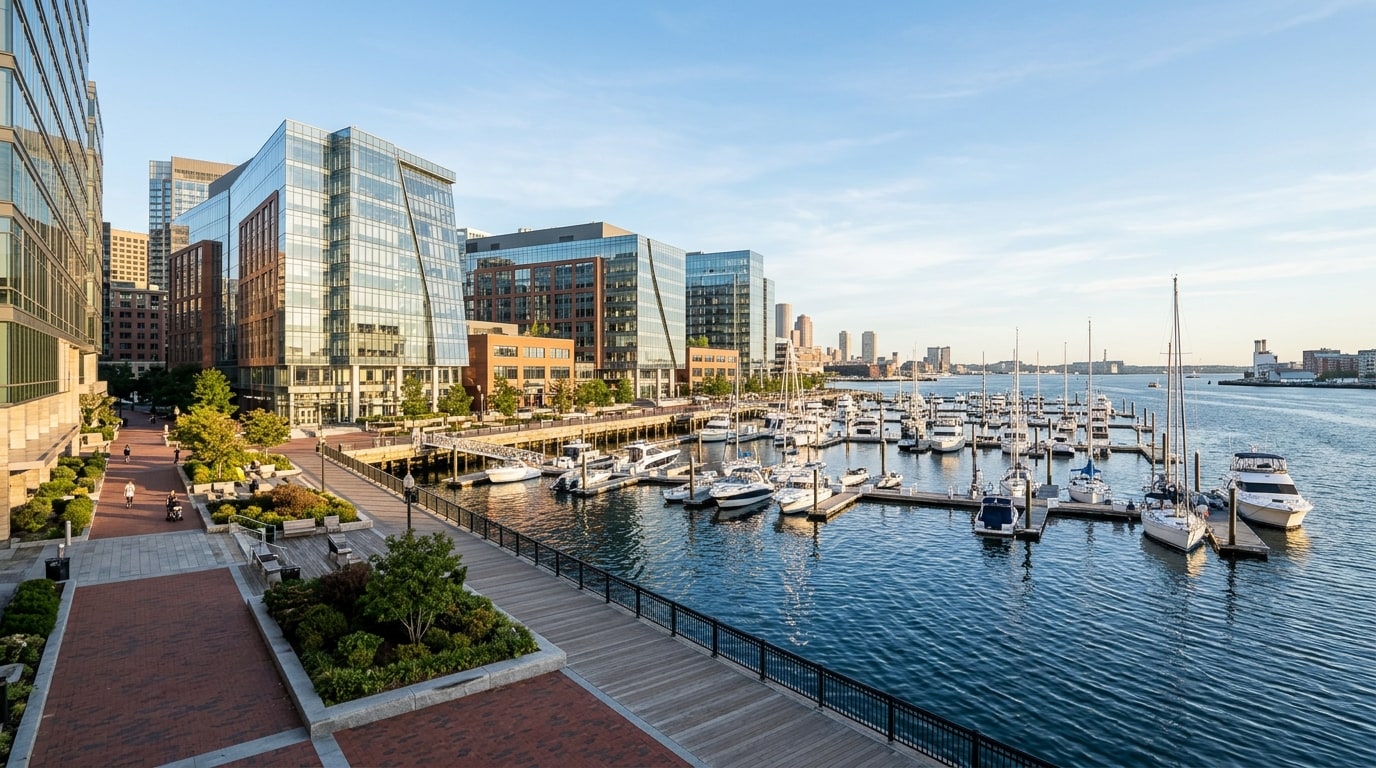 Editorial illustration of the Boston Seaport waterfront and modern glass architecture
