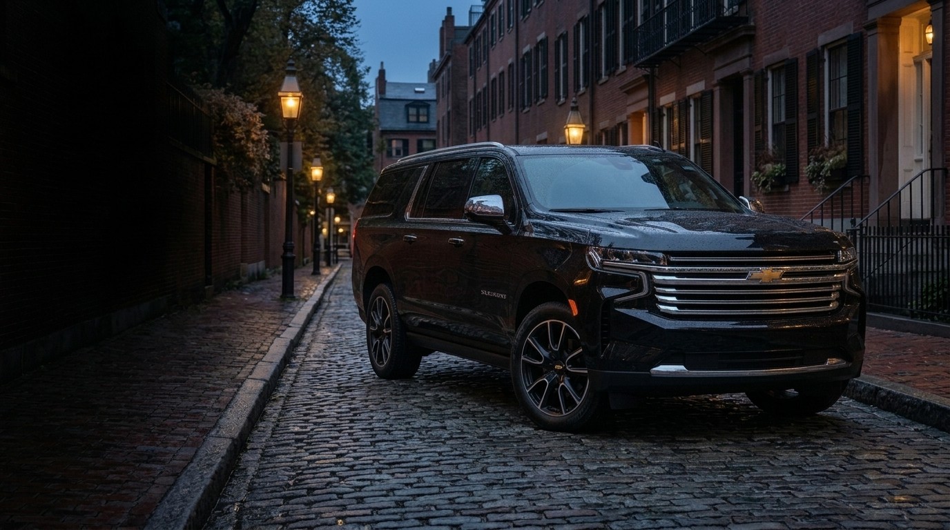 Black Chevrolet Suburban on a lamp-lit Boston street